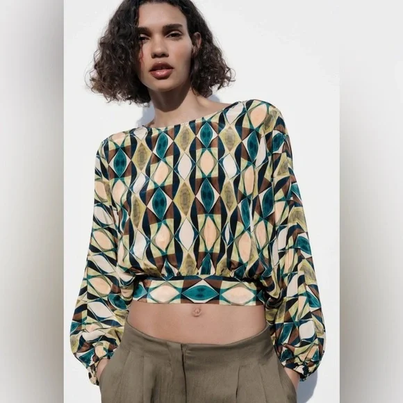 Zara Multicolored Round Neck Bohemian Printed Open Back Tied Top Sz M - Picture 1 of 15